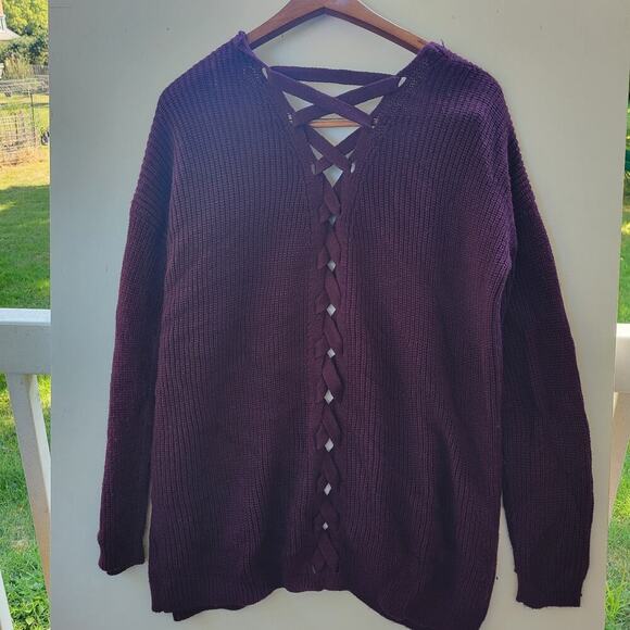 Hippie Rose Juniors Open-Front Lace-Up Cardigan in Artisan Wine, Size L - Picture 7 of 10